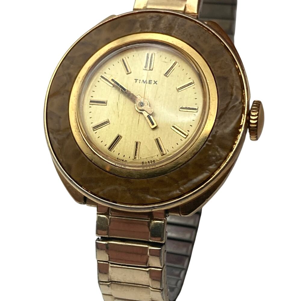 VTG Timex Mechanical Wind-Up Women's Watch 28mm Marble Like Bezel Stretch Band